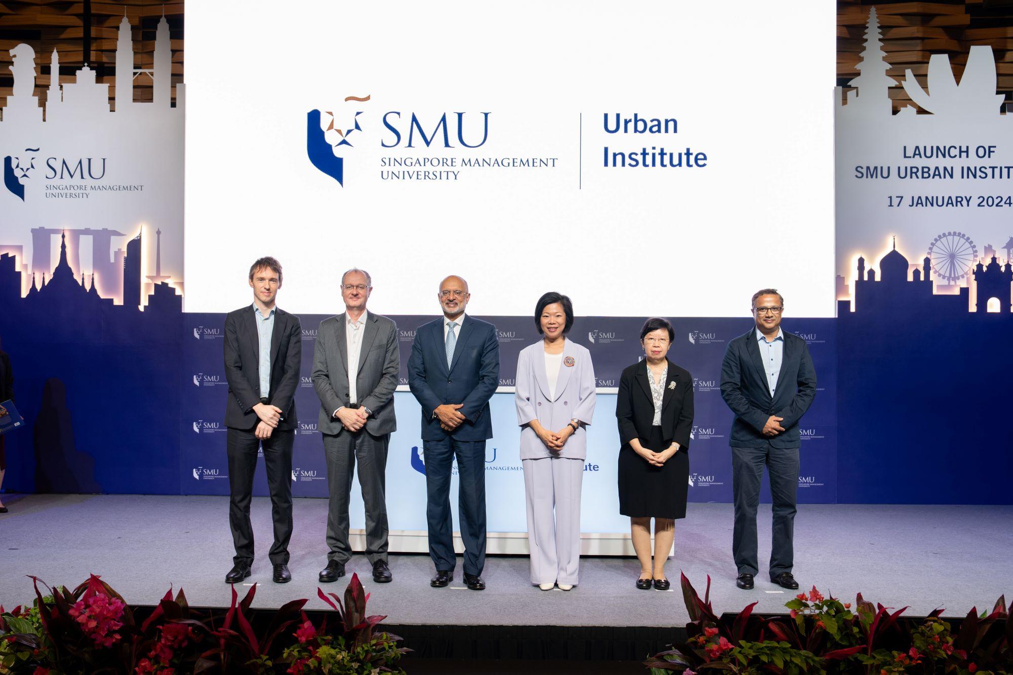 (L-R): Assoc Prof Orlando Woods, Director of SMU Urban Institute; Prof Timothy Clark, Provost of SMU; Mr Piyush Gupta, SMU Chairman; Ms Sim Ann, Senior Minister of State for Foreign Affairs and National Development; Prof Lily Kong, President of SMU; Prof Archan Misra, Vice Provost (Research) of SMU.